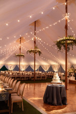 Arrondi Chandeliers with cafe lighting and uplights