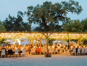 String lighting throughout wood shade structures