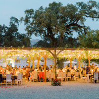 string lighting throughout wood shade structures